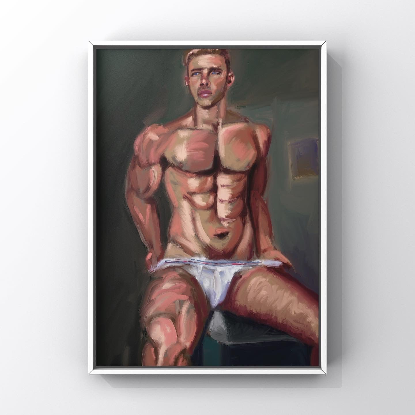 Male figurative art work featuring male in jock strap